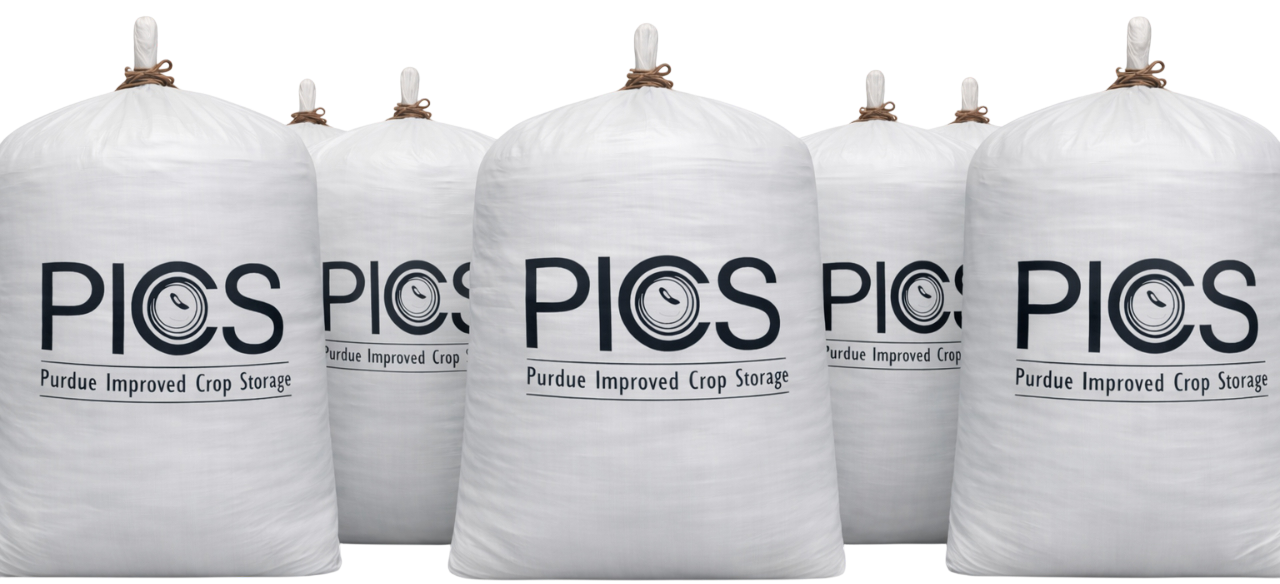 White PICS bags with the Purdue Improved Crop Storage logo